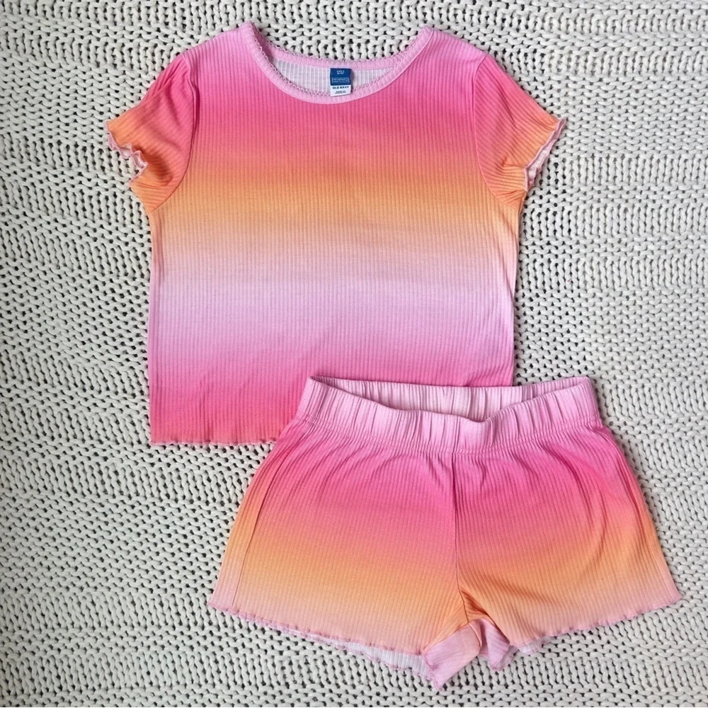 Old Navy Pink and Orange Pajama Set with Vibrant Ombre Colors Girls Med